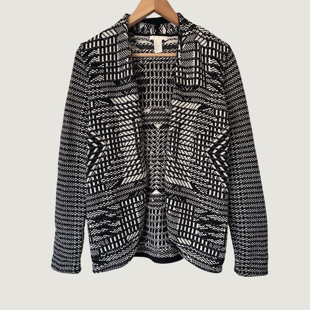 HM Black White Geometric Jacquard Knit Open Front Cotton Cardigan Sweater Small